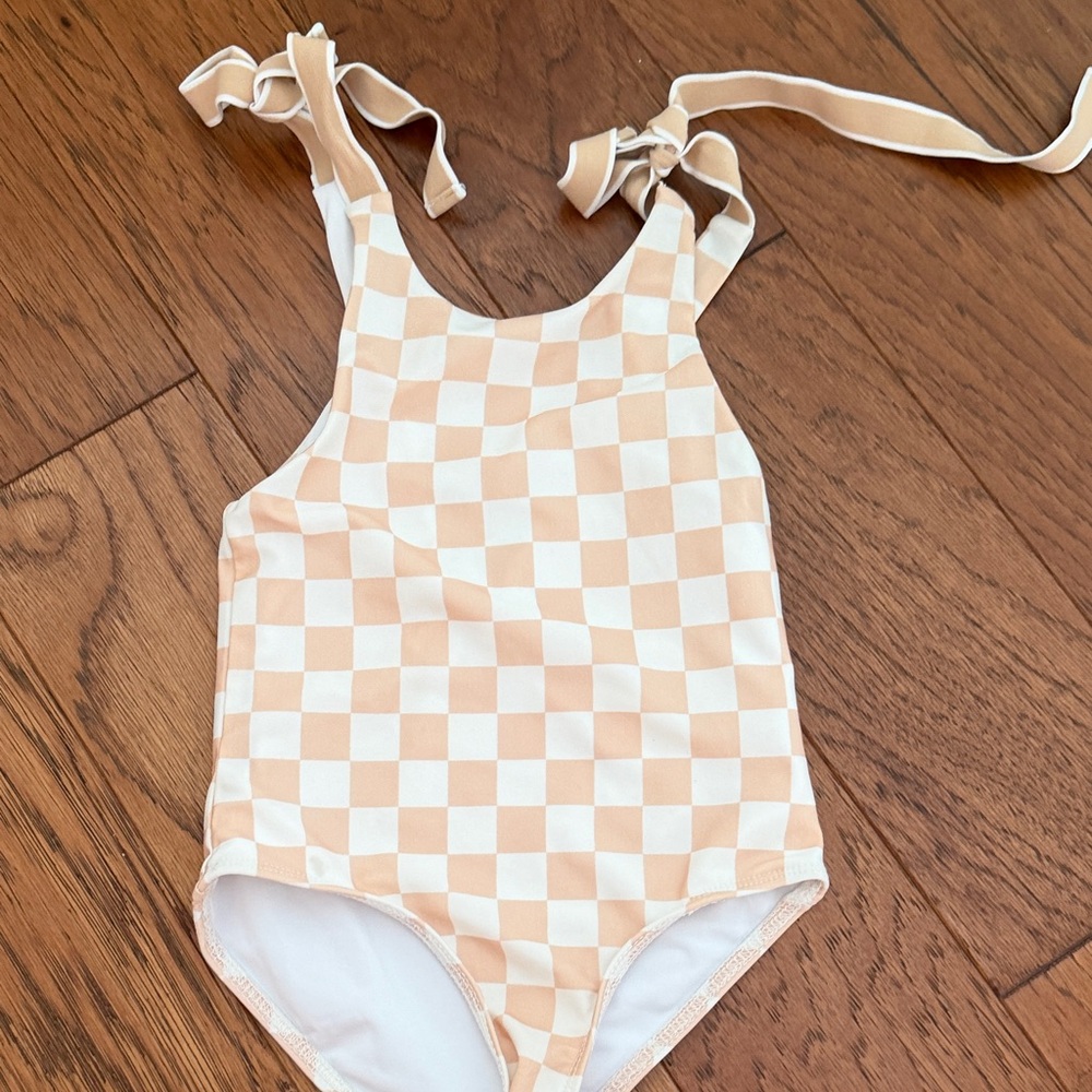 Kids Checkered One Piece Swimsuit - Tan and White